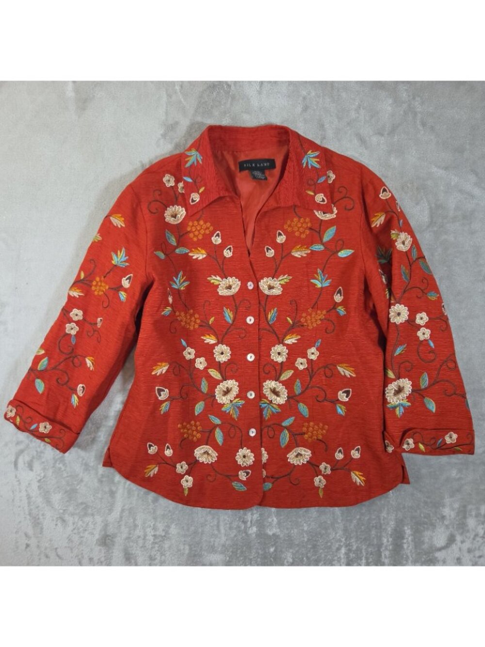 Silk Land Red Floral Embroidered Artsy 100% Silk 3/4 Sleeve Light Jacket Large